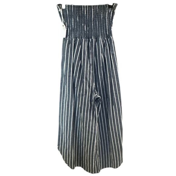 NWT Coco & Jamison Blue Pinstripe Linen Blend Wide Leg Strapless Jumpsuit Size S - Picture 2 of 10
